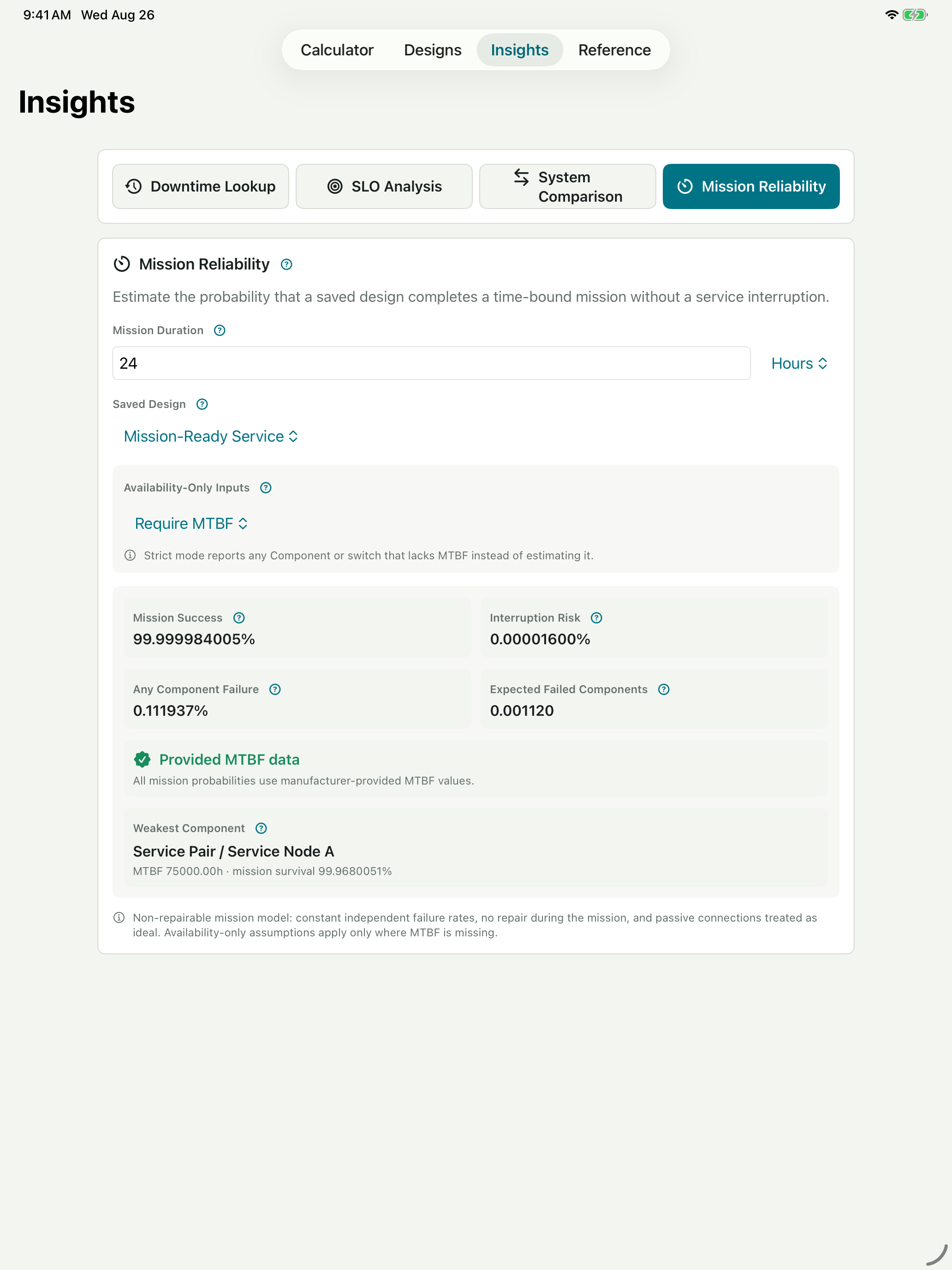 Mission Reliability results with mission success, interruption risk, expected failures, and weakest contributor on iPad